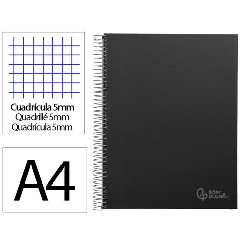 Cuaderno espiral liderpapel a4 micro jolly tapa forrada 140h 75gr cuadro 5mm 5 bandas 4 taladros color negro