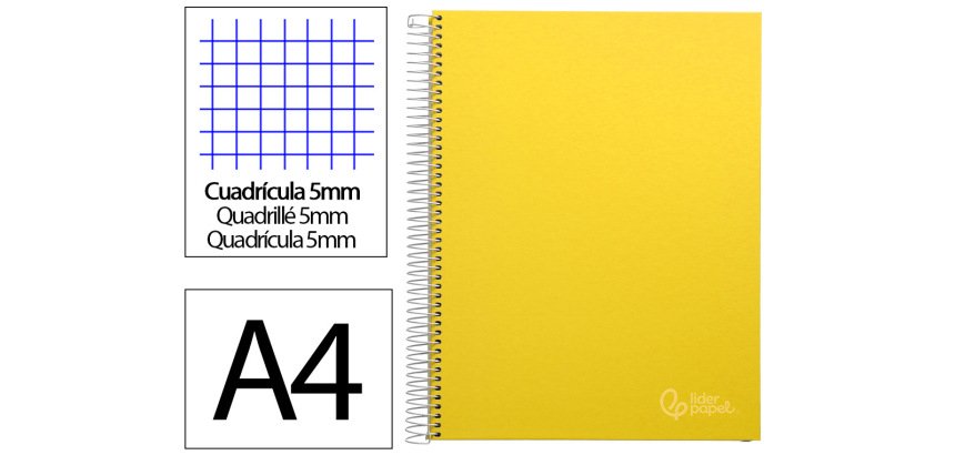 Cuaderno espiral liderpapel a4 micro jolly tapa forrada 140h 75gr cuadro 5mm 5 bandas 4 taladros color amarillo