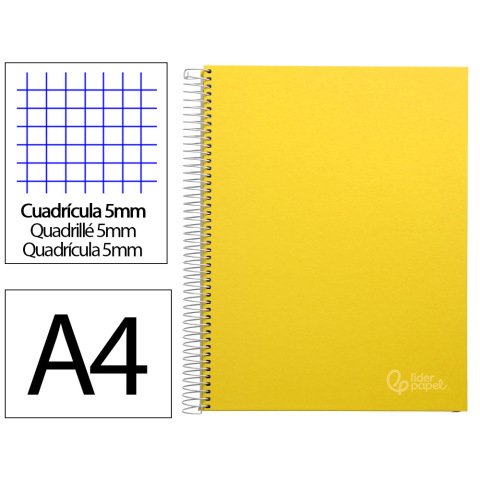Cuaderno espiral liderpapel a4 micro jolly tapa forrada 140h 75gr cuadro 5mm 5 bandas 4 taladros color amarillo