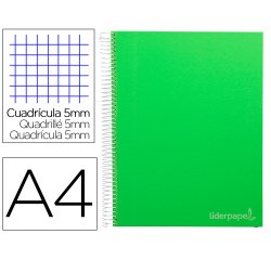 Cuaderno espiral liderpapel a4 micro jolly tapa forrada 140h 75gr cuadro 5mm 5 bandas 4 taladros color verde