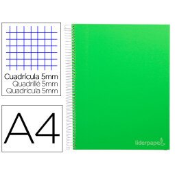 Cuaderno espiral liderpapel a4 micro jolly tapa forrada 140h 75 gr cuadro 5mm 5 bandas 4 taladros color verde