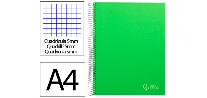 Cuaderno espiral liderpapel a4 micro jolly tapa forrada 140h 75gr cuadro 5mm 5 bandas 4 taladros color verde