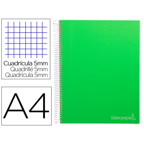 Cuaderno espiral liderpapel a4 micro jolly tapa forrada 140h 75 gr cuadro 5mm 5 bandas 4 taladros color verde