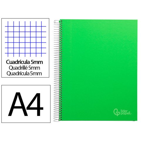 Cuaderno espiral liderpapel a4 micro jolly tapa forrada 140h 75gr cuadro 5mm 5 bandas 4 taladros color verde