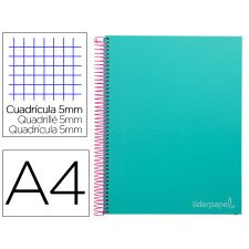 Cuaderno espiral liderpapel a4 micro jolly tapa forrada 140h 75 gr cuadro 5mm 5 bandas4 taladros color turquesa