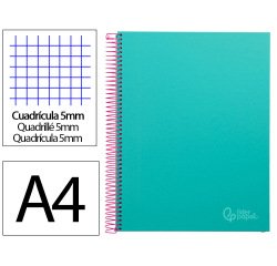Cuaderno espiral liderpapel a4 micro jolly tapa forrada 140h 75gr cuadro 5mm 5 bandas 4 taladros color turquesa