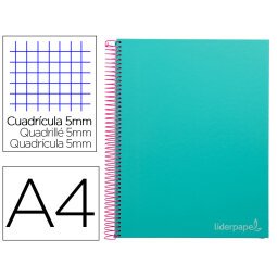 Cuaderno espiral liderpapel a4 micro jolly tapa forrada 140h 75 gr cuadro 5mm 5 bandas4 taladros color turquesa