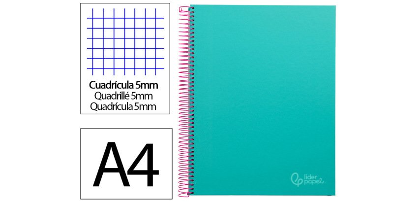 Cuaderno espiral liderpapel a4 micro jolly tapa forrada 140h 75gr cuadro 5mm 5 bandas 4 taladros color turquesa