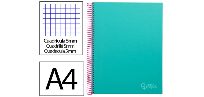 Cuaderno espiral liderpapel a4 micro jolly tapa forrada 140h 75gr cuadro 5mm 5 bandas 4 taladros color turquesa