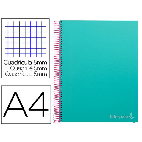 Cuaderno espiral liderpapel a4 micro jolly tapa forrada 140h 75 gr cuadro 5mm 5 bandas4 taladros color turquesa