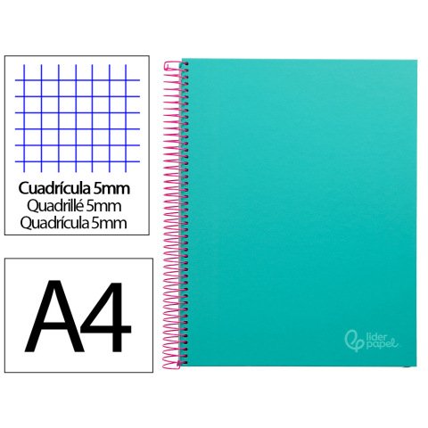 Cuaderno espiral liderpapel a4 micro jolly tapa forrada 140h 75gr cuadro 5mm 5 bandas 4 taladros color turquesa