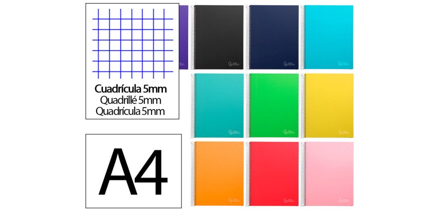 Cuaderno espiral liderpapel a4 micro jolly tapa forrada 140h 75gr cuadro 5mm 5 bandas 4 taladros colores surtidos