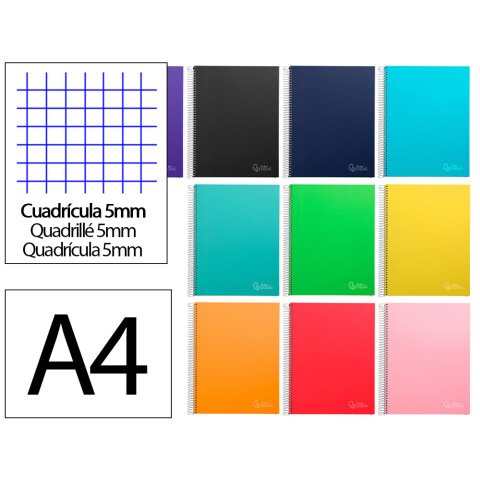 Cuaderno espiral liderpapel a4 micro jolly tapa forrada 140h 75gr cuadro 5mm 5 bandas 4 taladros colores surtidos