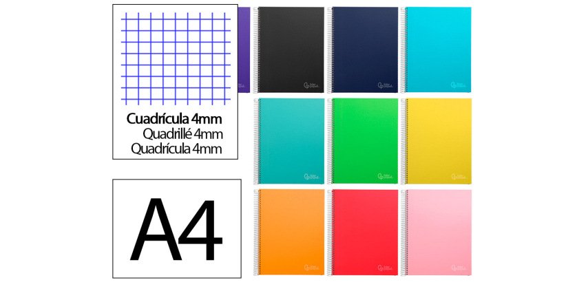 Cuaderno espiral liderpapel a4 micro jolly tapa forrada 140h 75gr cuadro 4mm 5 bandas 4 taladros colores surtidos
