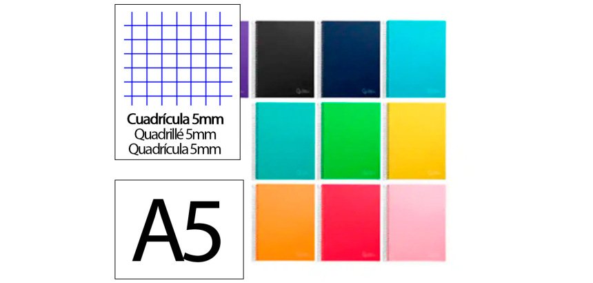 Cuaderno espiral liderpapel a5 micro jolly tapa forrada 140h 75gr cuadro 5mm 5 bandas 6 taladros colores surtidos