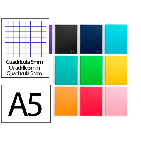 Cuaderno espiral liderpapel a5 micro jolly tapa forrada 140h 75gr cuadro 5mm 5 bandas 6 taladros colores surtidos