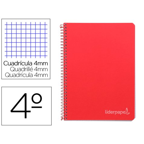 Cuaderno espiral liderpapel cuarto witty tapa dura 80h 75gr cuadro 4mm con margen color rojo