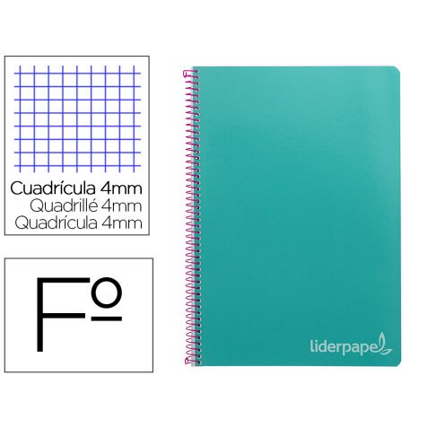 Cuaderno espiral liderpapel folio witty tapa dura 80h 75gr cuadro 4mm con margen color turquesa