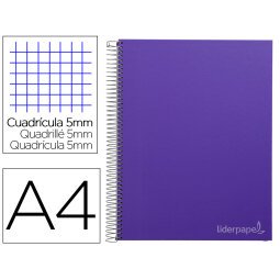 Cuaderno espiral liderpapel a4 micro jolly tapa forrada 140h 75 gr cuadro 5mm 5 bandas 4 taladros color lila