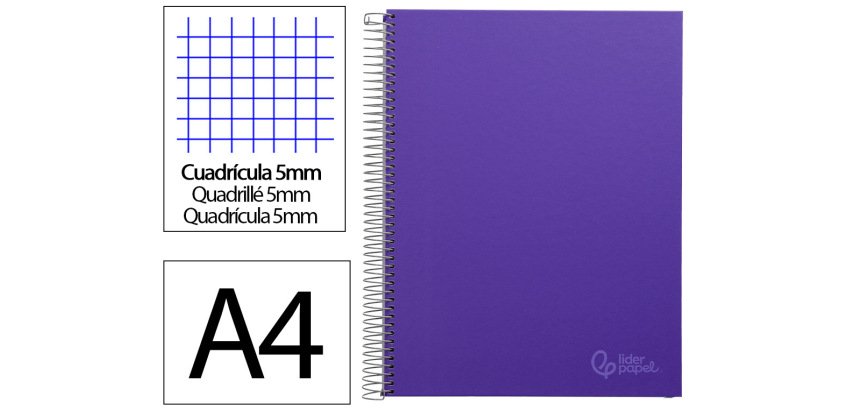Cuaderno espiral liderpapel a4 micro jolly tapa forrada 140h 75gr cuadro 5mm 5 bandas 4 taladros color lila