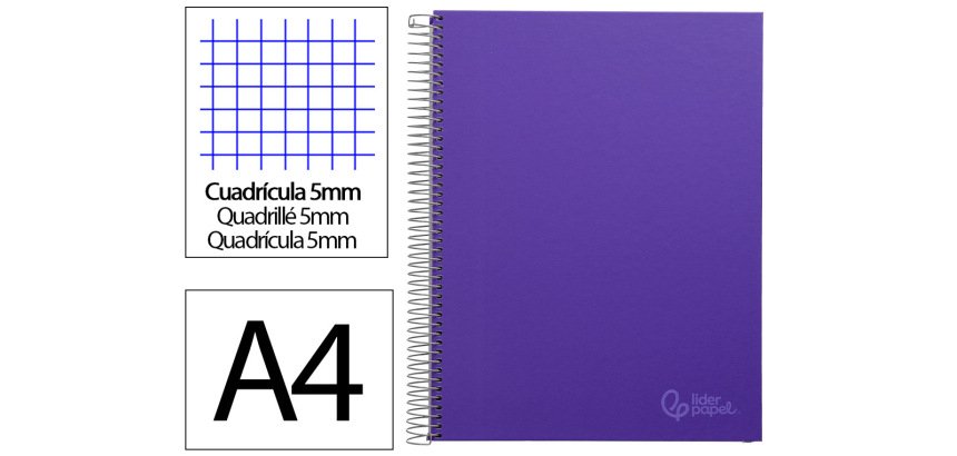 Cuaderno espiral liderpapel a4 micro jolly tapa forrada 140h 75gr cuadro 5mm 5 bandas 4 taladros color lila