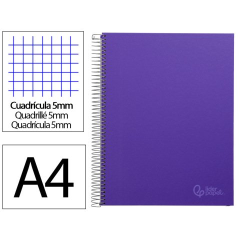 Cuaderno espiral liderpapel a4 micro jolly tapa forrada 140h 75gr cuadro 5mm 5 bandas 4 taladros color lila