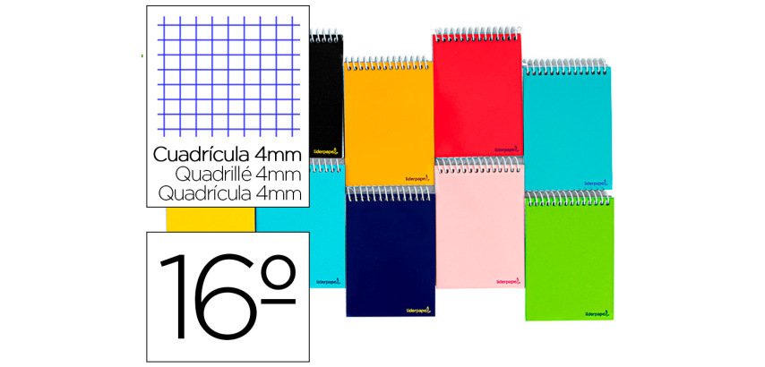 Cuaderno espiral liderpapel bolsillo dieciseavo apaisado smart tapa blanda 80h 60gr cuadro 4mm colores surtidos