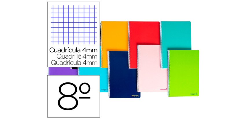 Cuaderno espiral liderpapel bolsillo octavo smart tapa blanda 80h 60gr cuadro 4mm colores surtidos