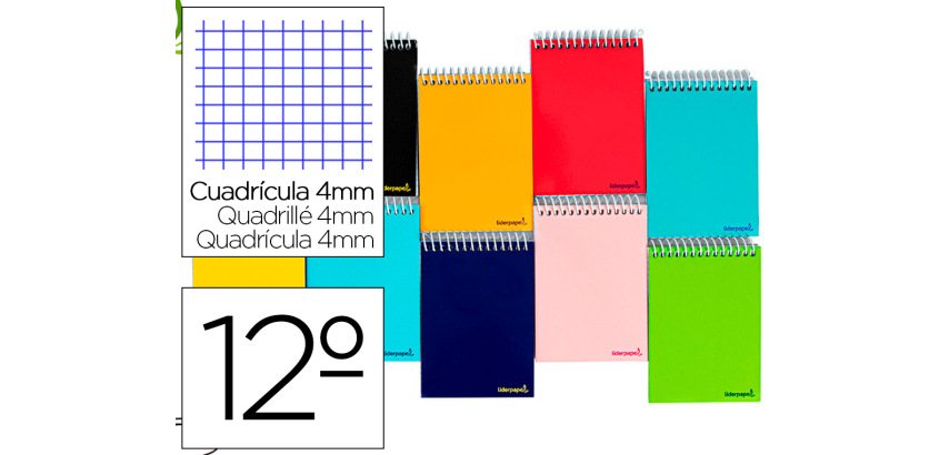Cuaderno espiral liderpapel bolsillo doceavo apaisado smart tapa blanda 80h 60gr cuadro 4mm colores surtidos