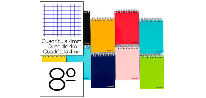 Cuaderno espiral liderpapel bolsillo octavo apaisado smart tapa blanda 80h 60gr cuadro 4mm colores surtidos