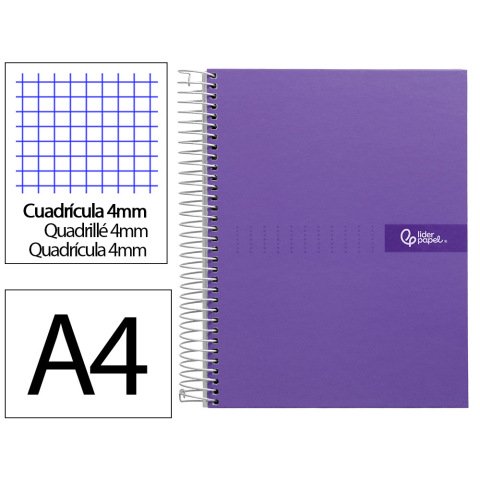 Cuaderno espiral liderpapel a4 crafty tapa forrada 80h 90gr cuadro 4mm con margen color violeta