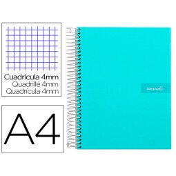 Cuaderno espiral liderpapel a4 crafty tapa forrada 80h 90 gr cuadro 4mm con margen color turquesa