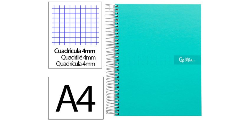 Cuaderno espiral liderpapel a4 crafty tapa forrada 80h 90gr cuadro 4mm con margen color turquesa