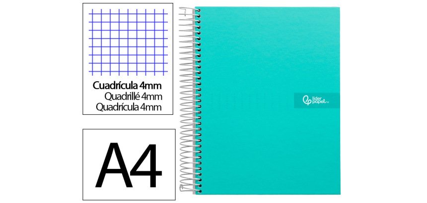 Cuaderno espiral liderpapel a4 crafty tapa forrada 80h 90gr cuadro 4mm con margen color turquesa