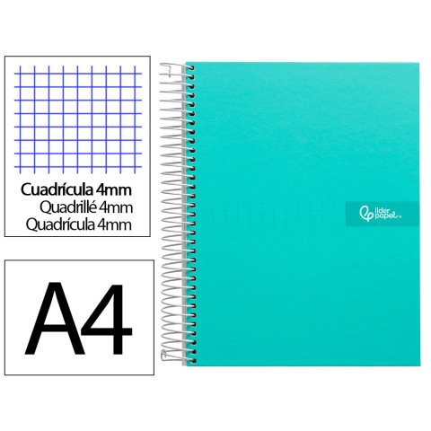 Cuaderno espiral liderpapel a4 crafty tapa forrada 80h 90gr cuadro 4mm con margen color turquesa