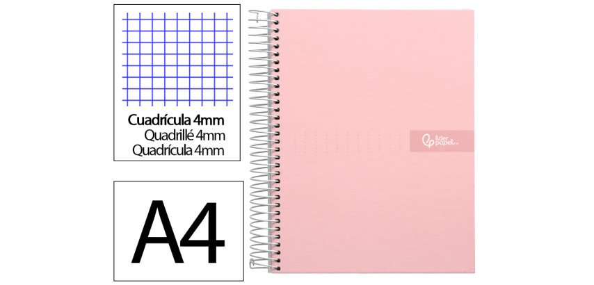 Cuaderno espiral liderpapel a4 crafty tapa forrada 80h 90gr cuadro 4 mm con margen color rosa