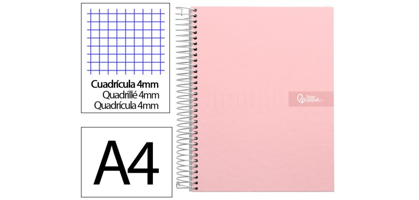 Cuaderno espiral liderpapel a4 crafty tapa forrada 80h 90gr cuadro 4 mm con margen color rosa