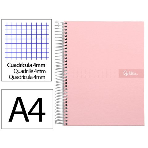 Cuaderno espiral liderpapel a4 crafty tapa forrada 80h 90gr cuadro 4 mm con margen color rosa