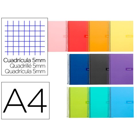Cuaderno espiral liderpapel a4 crafty tapa forrada 80h 90 gr cuadro 5mm con margen colores surtidos