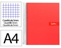 Cuaderno espiral liderpapel a4 micro crafty tapa forrada 120h 90gr cuadro 5mm 5 bandas 4 colores color rojo