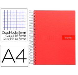Cuaderno espiral liderpapel a4 micro crafty tapa forrada 120h 90 gr cuadro 5mm 5 bandas 4 colores color rojo