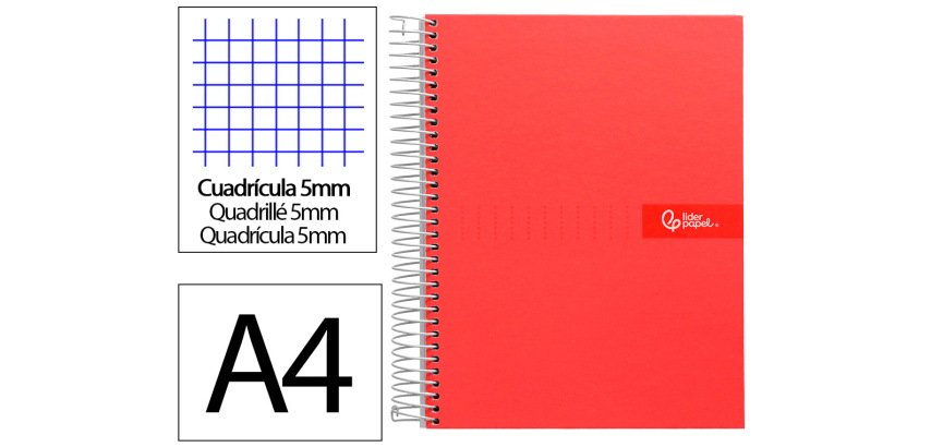 Cuaderno espiral liderpapel a4 micro crafty tapa forrada 120h 90gr cuadro 5mm 5 bandas 4 colores color rojo