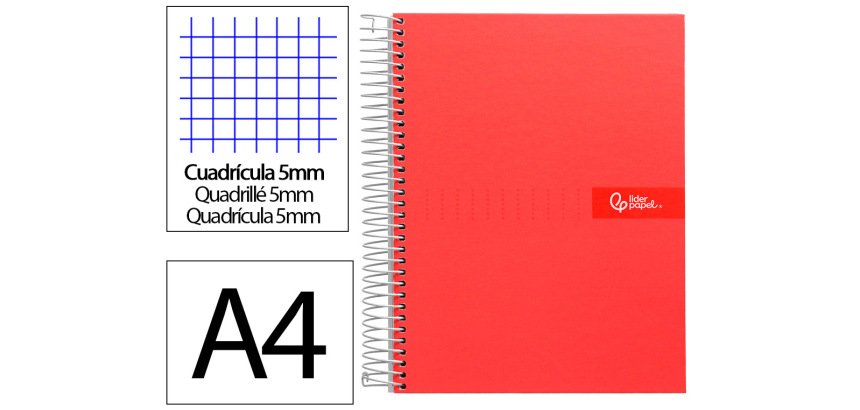 Cuaderno espiral liderpapel a4 micro crafty tapa forrada 120h 90gr cuadro 5mm 5 bandas 4 colores color rojo