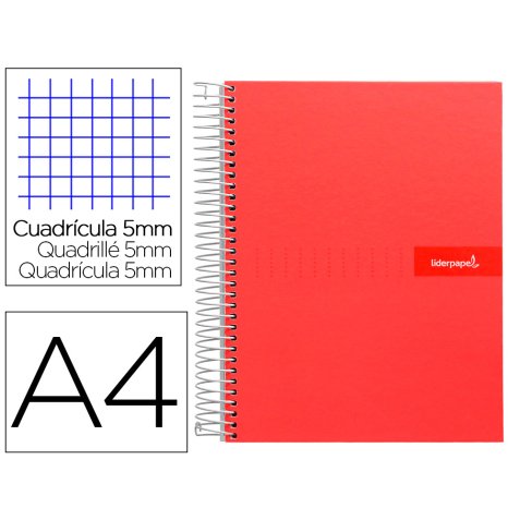 Cuaderno espiral liderpapel a4 micro crafty tapa forrada 120h 90 gr cuadro 5mm 5 bandas 4 colores color rojo
