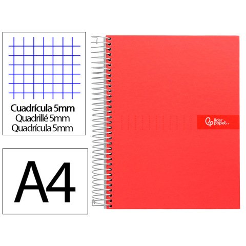 Cuaderno espiral liderpapel a4 micro crafty tapa forrada 120h 90gr cuadro 5mm 5 bandas 4 colores color rojo