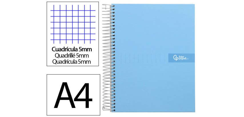 Cuaderno espiral liderpapel a4 micro crafty tapa forrada 120h 90gr cuadro 5mm 5 bandas 4 colores celeste
