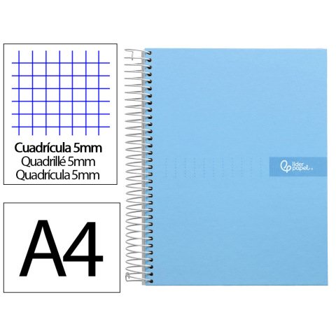 Cuaderno espiral liderpapel a4 micro crafty tapa forrada 120h 90gr cuadro 5mm 5 bandas 4 colores celeste
