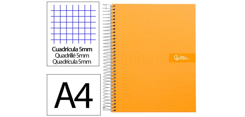 Cuaderno espiral liderpapel a4 micro crafty tapa forrada 120h 90gr cuadro 5mm 5 bandas 4 colores color naranja