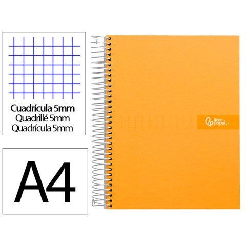 Cuaderno espiral liderpapel a4 micro crafty tapa forrada 120h 90gr cuadro 5mm 5 bandas 4 colores color naranja