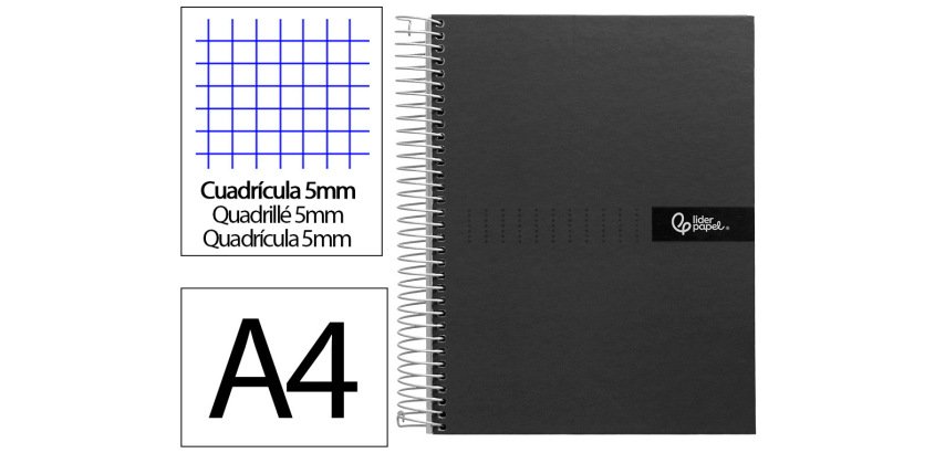 Cuaderno espiral liderpapel a4 micro crafty tapa forrada 120h 90gr cuadro 5mm 5 bandas 4 colores color negro